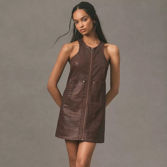 Pilcro Dresses & Skirts - Pilcro Anthropologie Pilcro Coated Crewneck Zipper Mini Dress Brown - Size 16